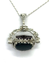 Antique Silver Carnelian Agate, Bloodstone & Onyx Swivel Fob Pendant Necklace
