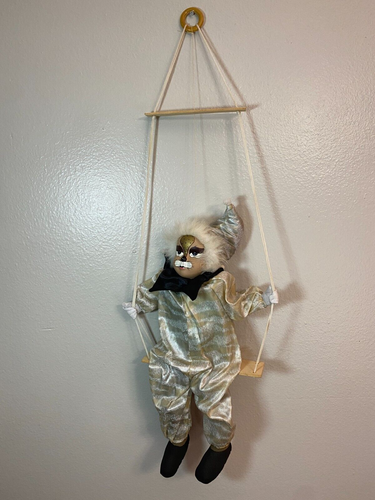 Hand Painted Porcelain Clown On A Swing Lion Marionette Doll 20" - Picture 11 of 11