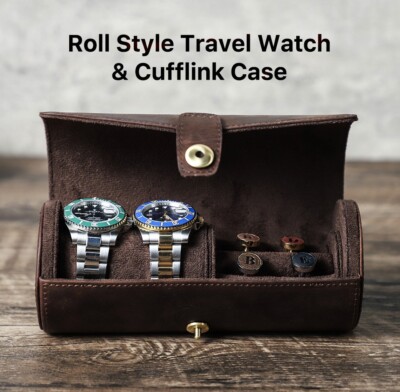 Roll Style Travel Watch Cufflink Case Leather Storage Carry Holder PCS  Watches