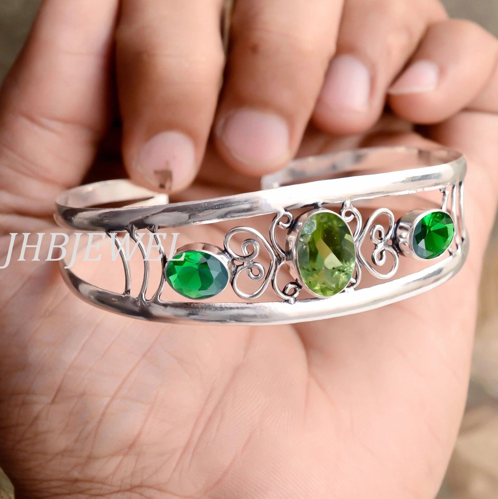 VALENTINO Bracciale fatto a mano in argento sterling 925 con pietra preziosa taglio diopside e peridoto cromato