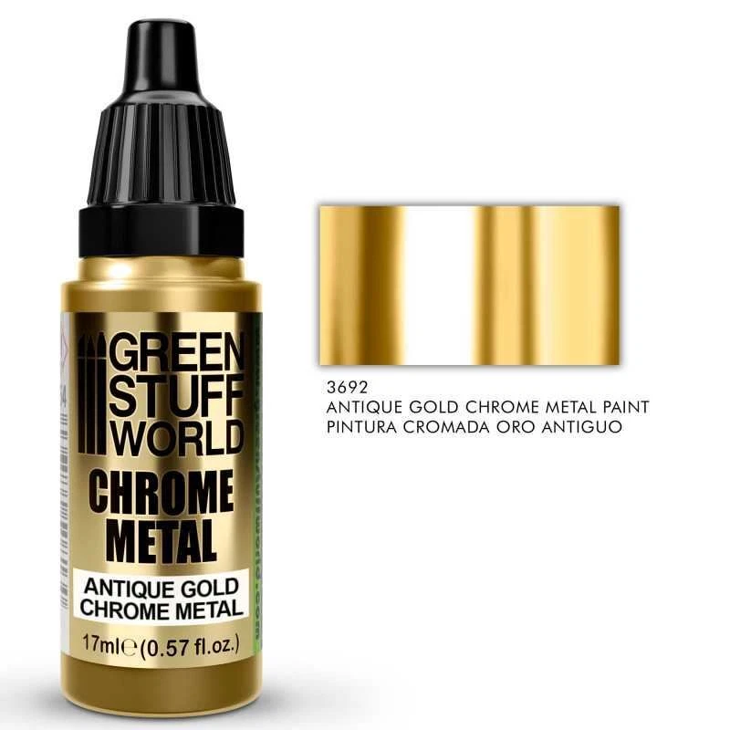Green Stuff World Chrome Metal Paint 17ml Brush & Airbrush - ANTIQUE GOLD CHROME