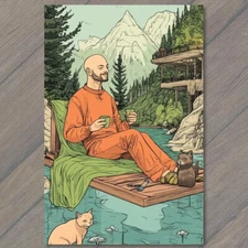 Art Print Man Bald Figure with Coffee Surreal Nature Scene Vibrant Colors Relax