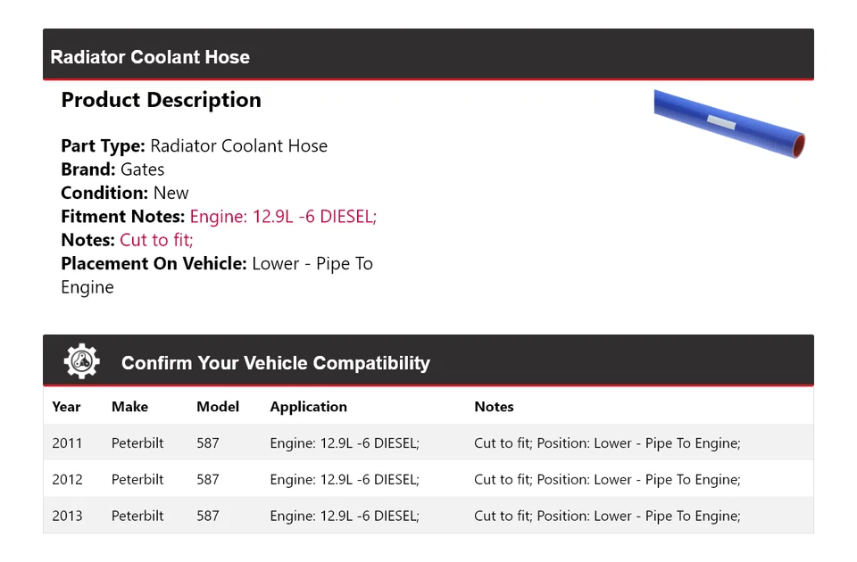 Manguera de refrigerante inferior para radiador Peterbilt 587 2011-2013 - tubo a puertas del motor Foto 2 de 4