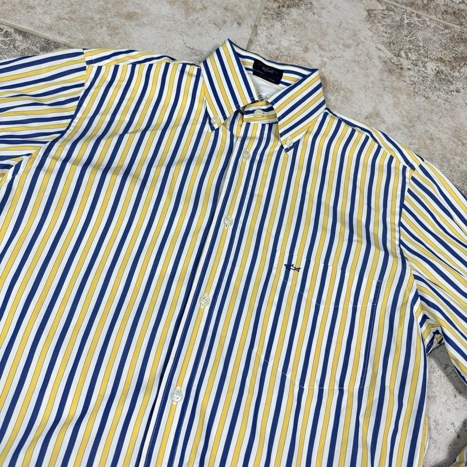 Camisa listrada masculina Paul & Shark 40 branca azul amarela manga longa feita na Itália - Imagem 2 de 4