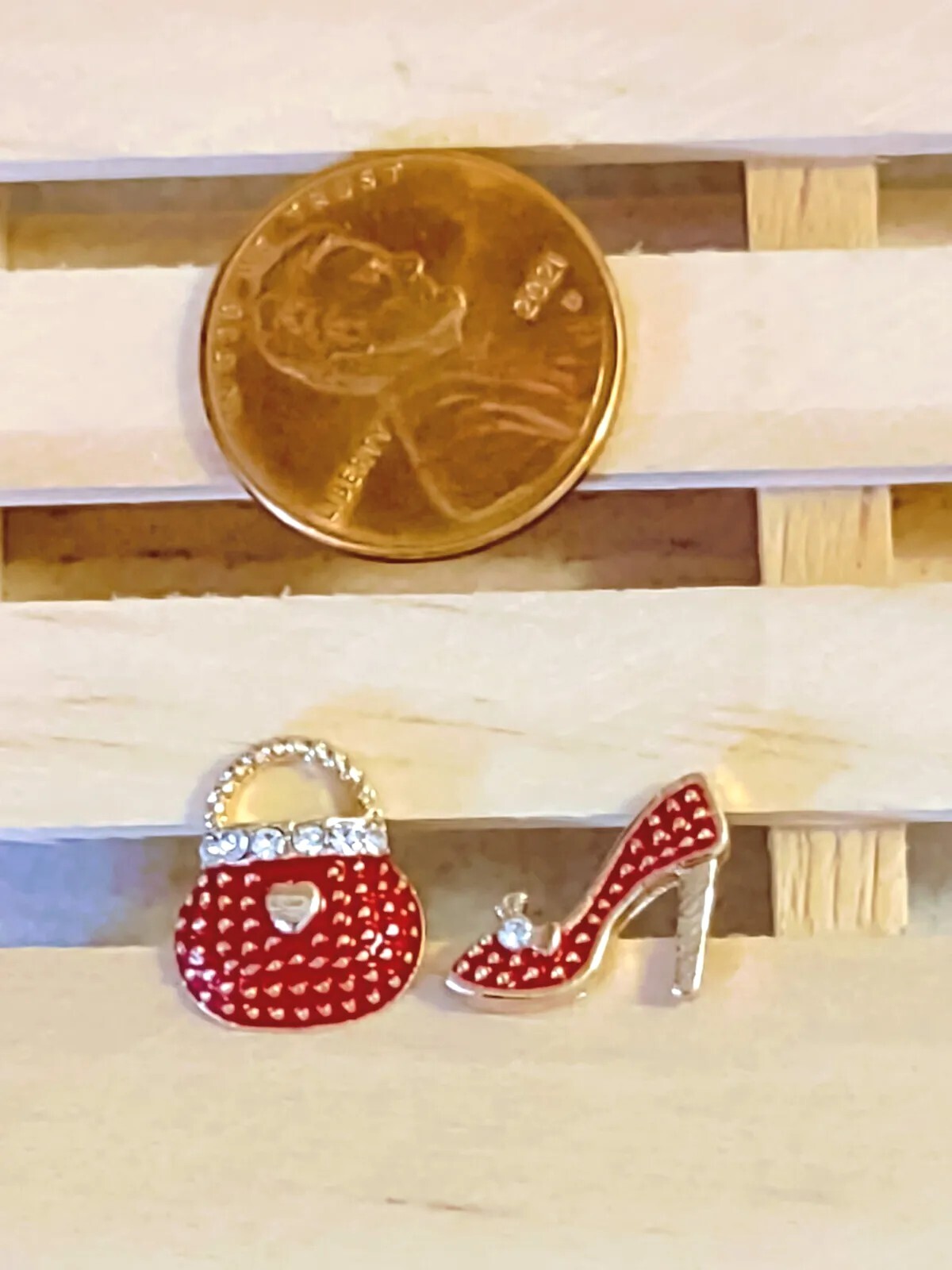 Handbag & Stiletto Red Enamel Gold Tone CZ Earrings-image