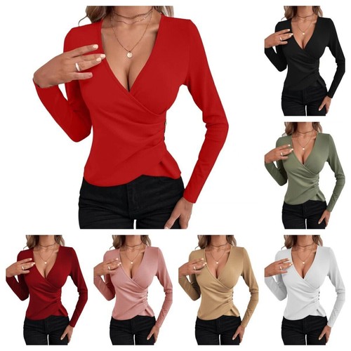 Women Sexy Low Cut V-Neck Slim Fit Blouse Long Sleeve Front Cross Tops Tee Shirt