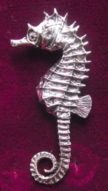 Detailed Pewter Sea Horse Brooch Pin Signed