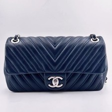 Chanel Medium Classic Flap V‑Stitch Chevron Navy Blue Leather Chain Shoulder Bag