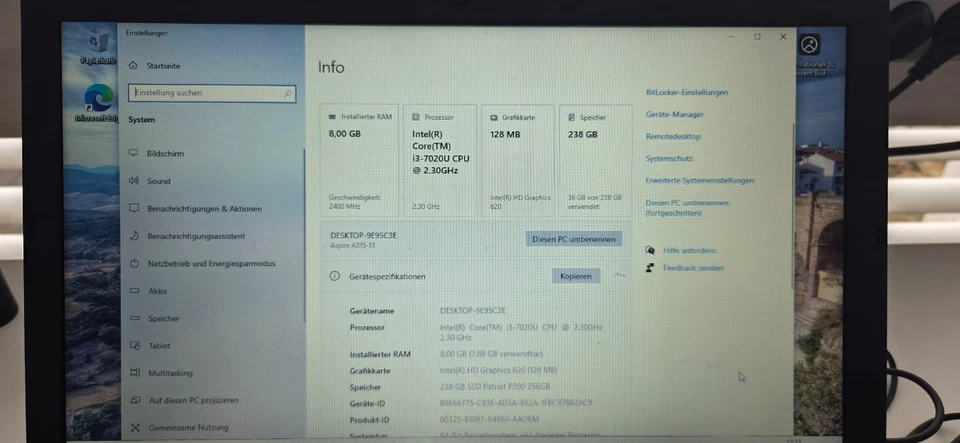 Acer Aspire 3 A315-51, i3-7020, 8 GB, 240 GD SSD, Windows 10 - Bild 2 von 4