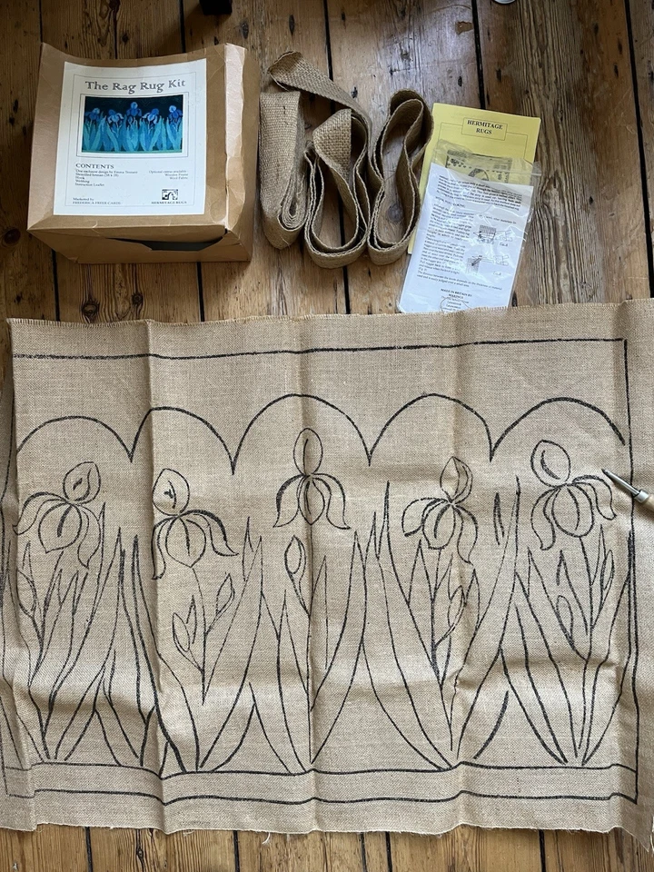 Vintage Emma Tennant Irises Rag Rug Kit Canvas+Prodder Hook + Trim 36 X24 in - Image 2 of 4