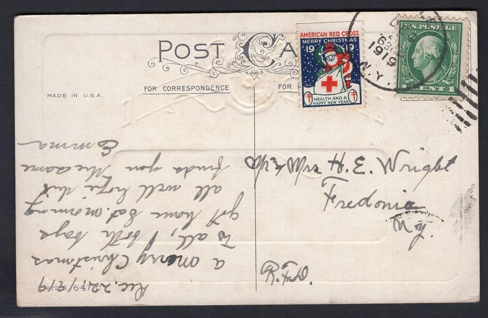 USA 1919 Red Cross Christmas Seal Cinderella on Postcard to Fredonia NY - Image 2 of 3