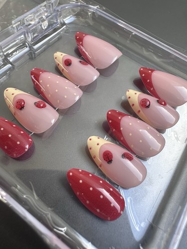 Press On Nails Almond Red Nude Polka Dot Ladybug Nail Art Size Small