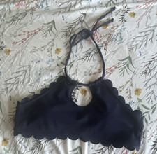 Solid Blue Scalloped Edge Halter Bikini Set w/ Removable Pads, Tie Straps, M