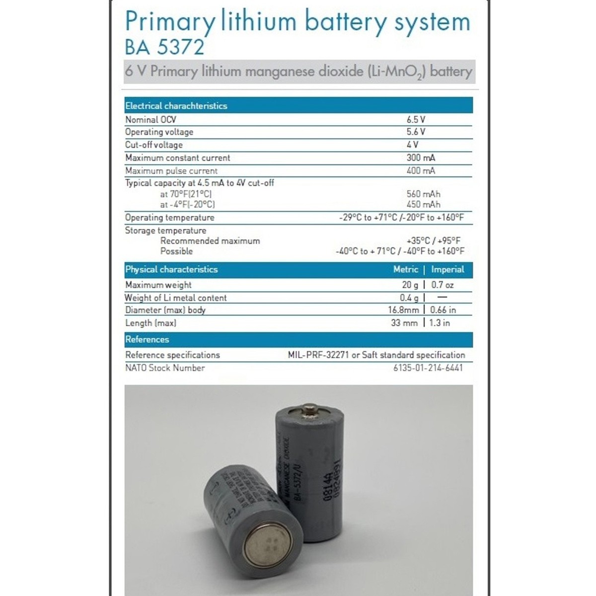 Saft BA5372/U 6V 500mAh Lithium Li-MnO2 Battery 6135-01-214-6441