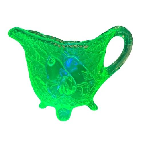 Vintage Green Depression Glass Fruit Theme Footed Sugar Bowl with Handle  Glows!