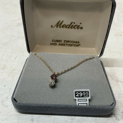 Medici Gold Color Necklace And Cubic Zirconia And Amethston New In Box 16 
