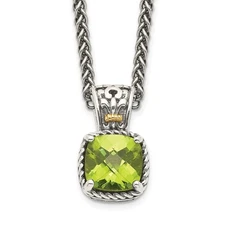 Sterling Silver with 14K Accent 18 Inch Antiqued Cushion Peridot Necklace