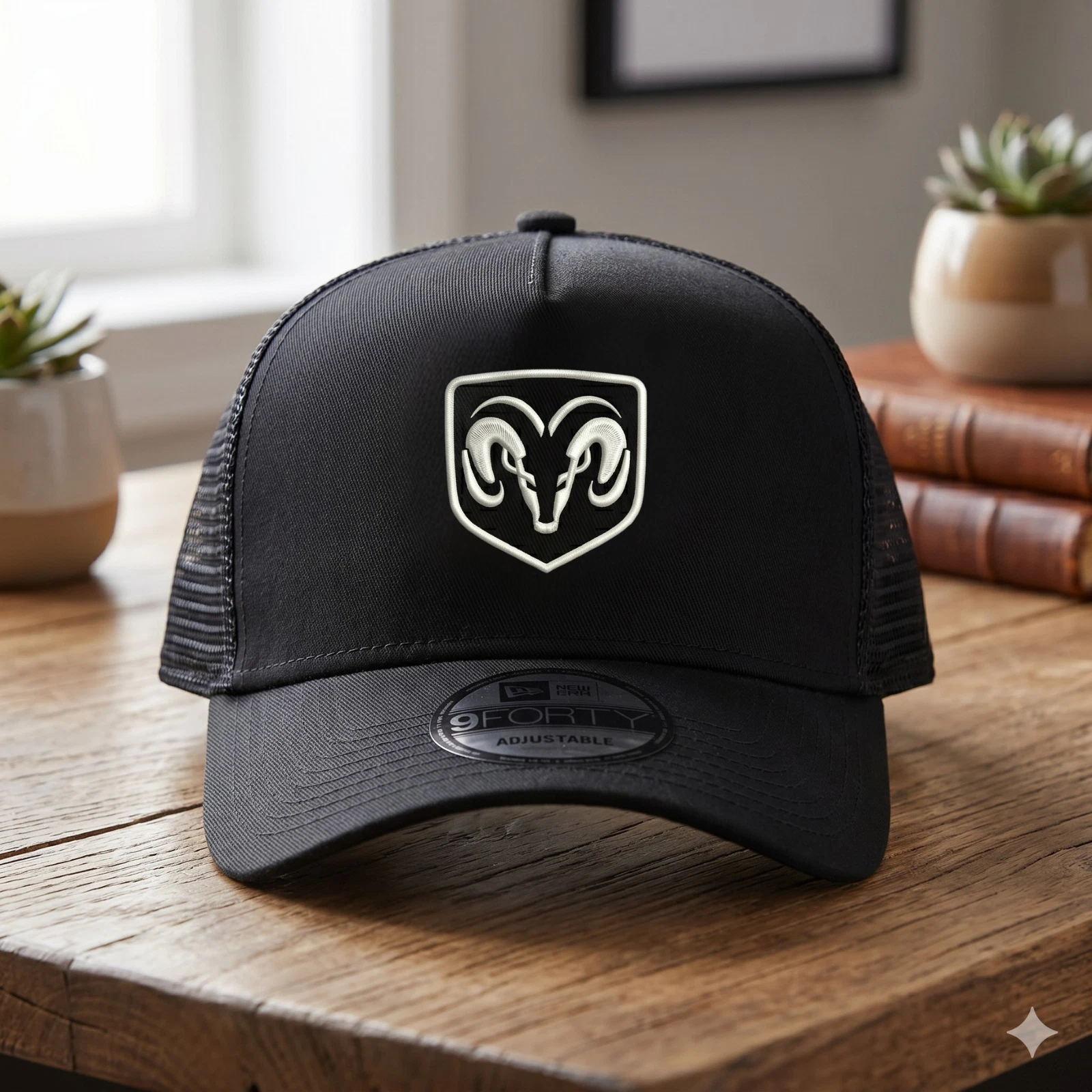Dodge RAM Logo Embroidered Trucker Hat - Black Mesh RAM Truck Owner Driver Cap