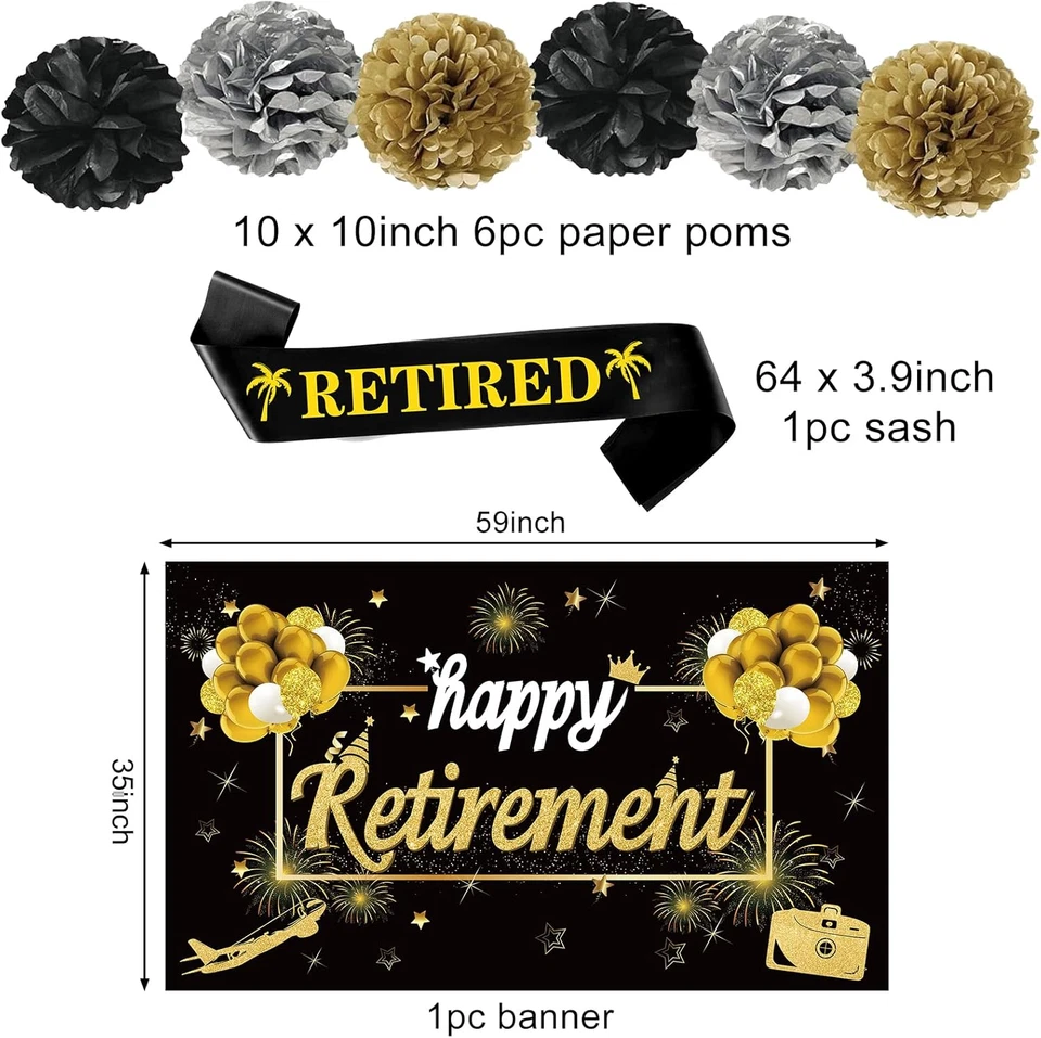 Kit de 20 PIEZAS Feliz Retiro Fiesta Decoraciones para Hombres Mujeres, Negro Dorado Retiro Foto 3 de 4