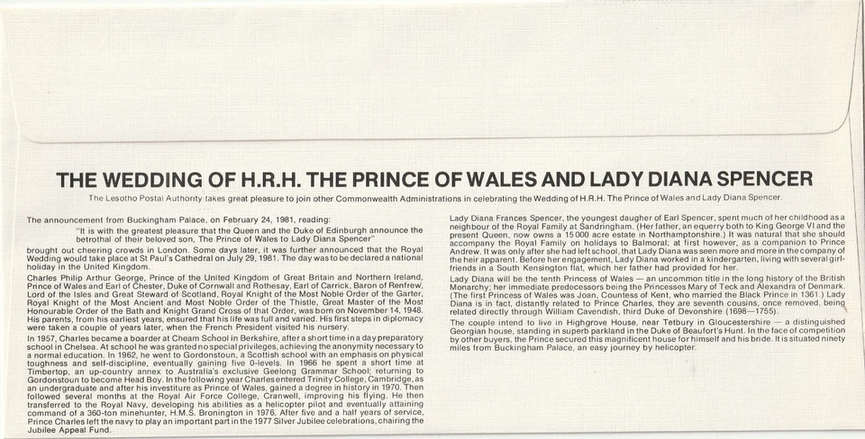 1981 Lesotho FDC cover Royal Wedding Lady Diana and Prince Charles (B version) - Изображение 2 из 2