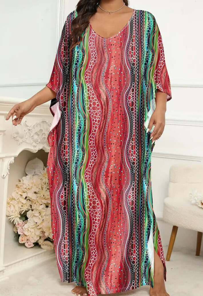 Beach Outfit Beach Dress Lazada Maple Women's Stretch Knit Abstract Stripe  Print Kaftan Maxi Dress Plus