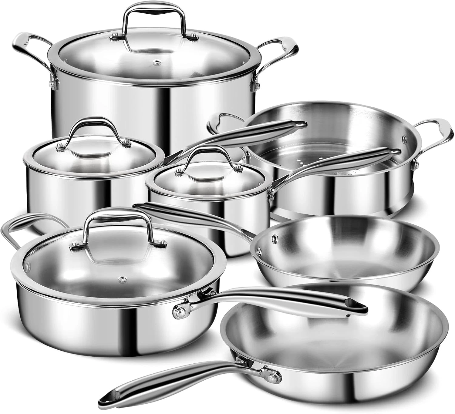 Professional 11-Piece 3-Ply Stainless Steel Cookware Set - Induction & Oven Safe