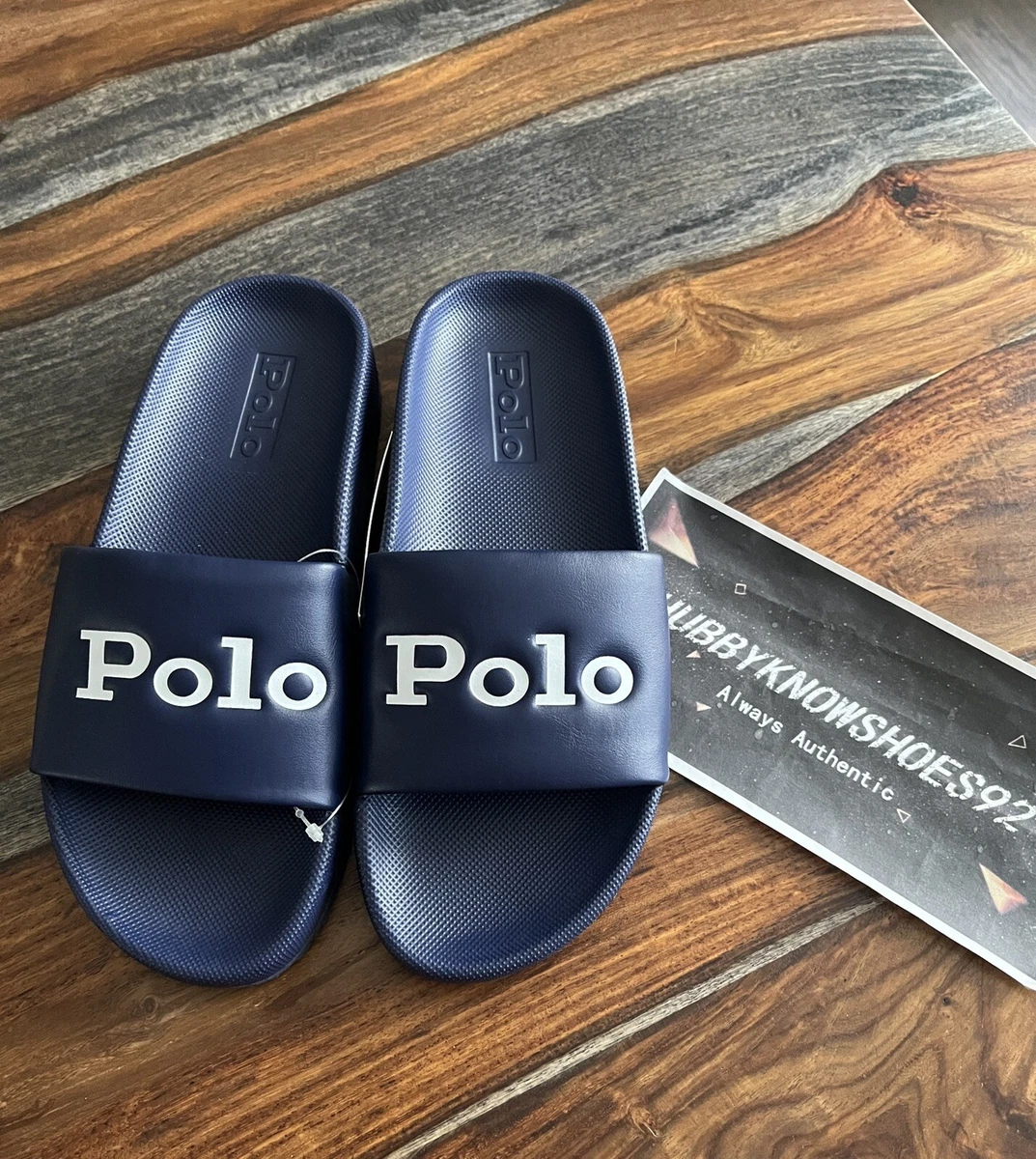 POLO RALPH LAUREN Women s Blue White Polo Spellout Logo Cayson Slides NEW
