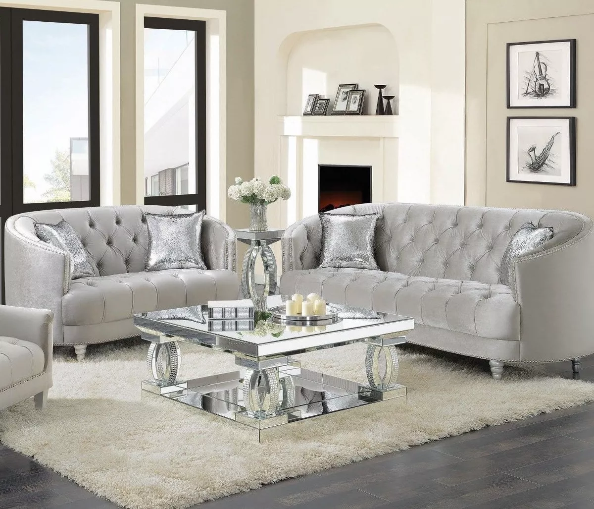Modern Glam 2pc Sofa Set Tufted Couch Loveseat Silver Velvet