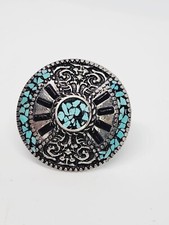 Large Round Silver Tone Inlay Turquoise Cocktail Ring Adjustable Band
