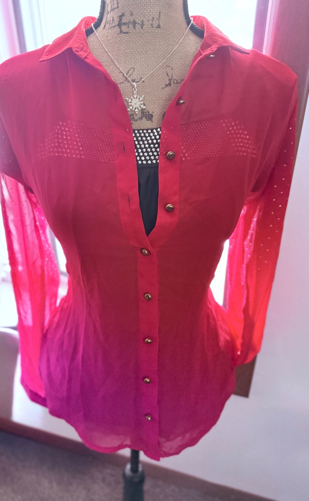 Notations Sheer, Red Studded Button-Up Blouse,  S… - image 17