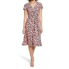 ELIZA J Surplice Print Jersey Faux Wrap Dress Pink Size 8