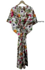 Indian Floral Print White Cotton Loose Sleeve Free Size Boho maxi Caftan Dress