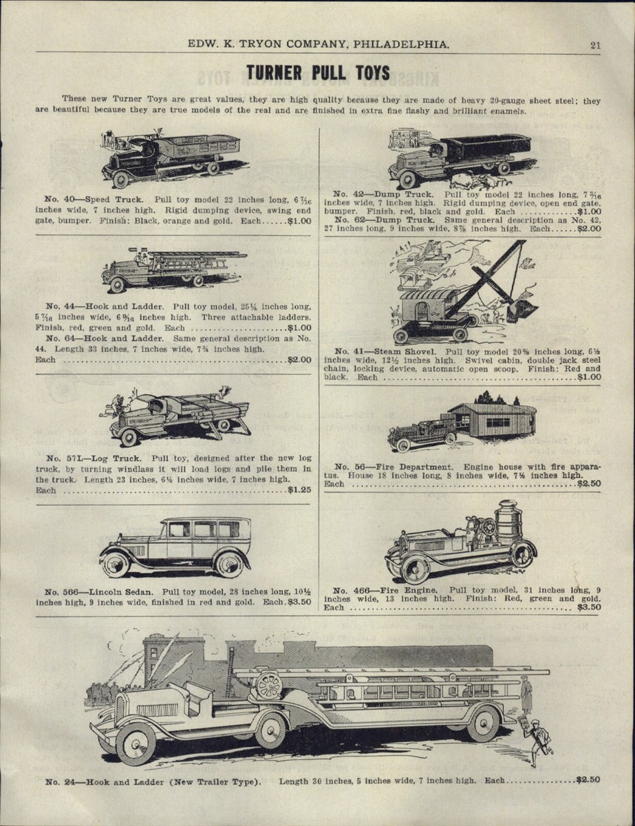 1931 PAPER AD Turner Pull Toy Fire Truck Dump Truck Kingsbury 