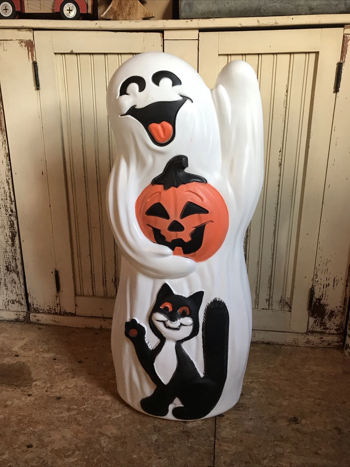Blow Mold Halloween Ghost With  Black Cat Pumpkin Nostalgic Light Up Spooky 34”