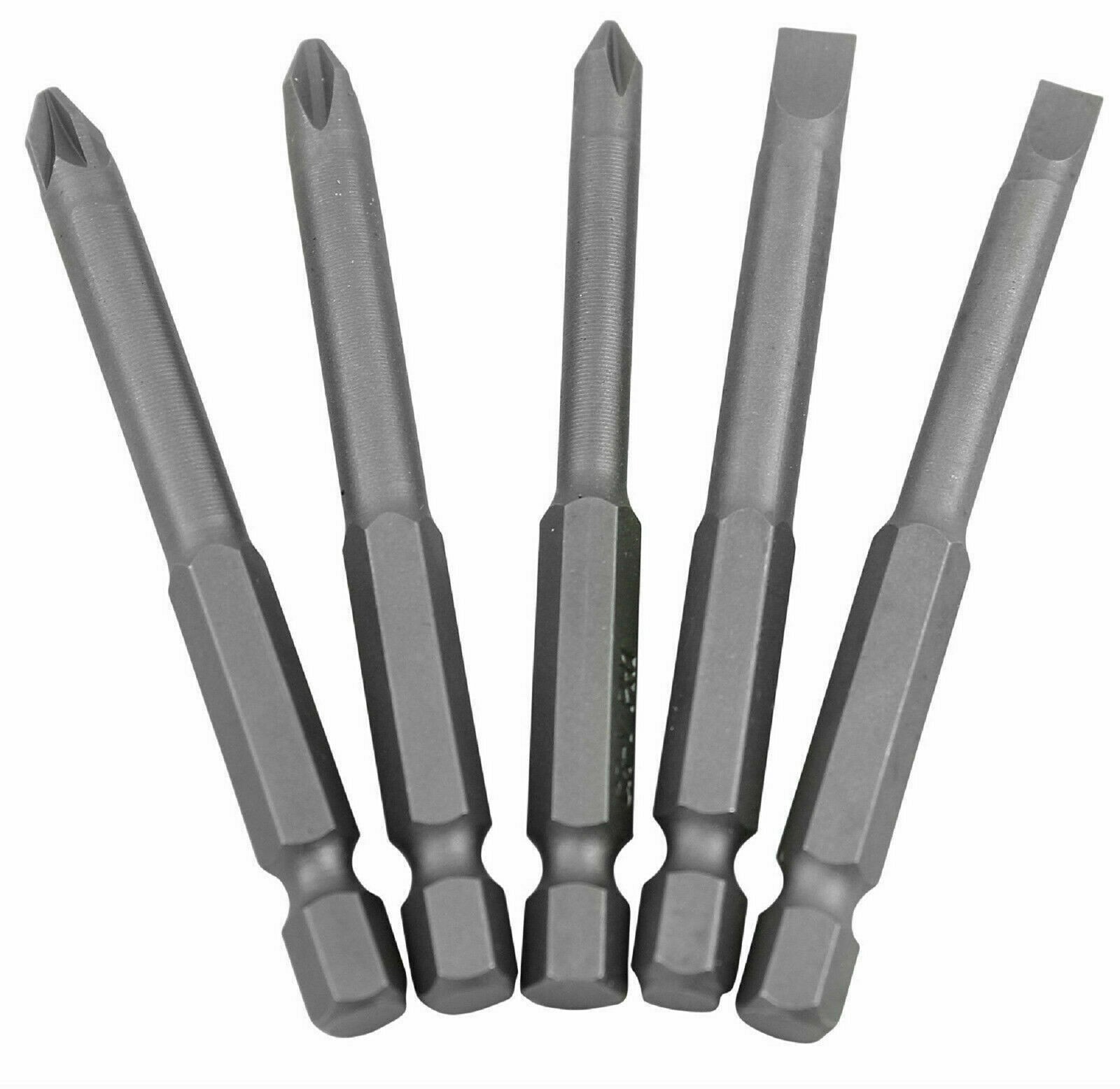 5 pc Screwdriver Hex Bit Set 3"" Long 75mm Phillips Pozi Slotted PH1 PH2 PZ2 FLAT