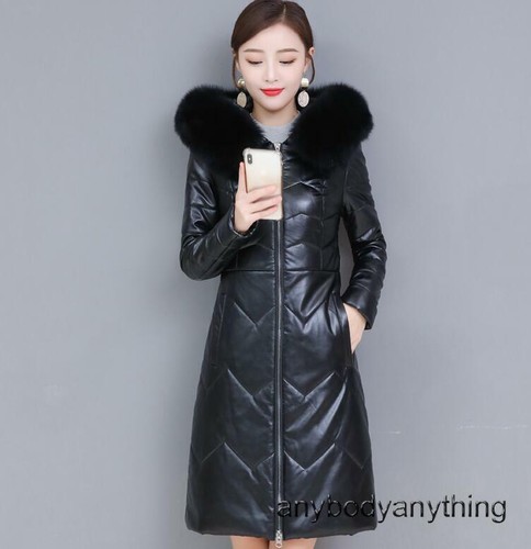 M-7XL Womens Fox Fur Collar Hooded Real Leather Down Jacket Thicken Warm Outwear - Picture 9 of 25