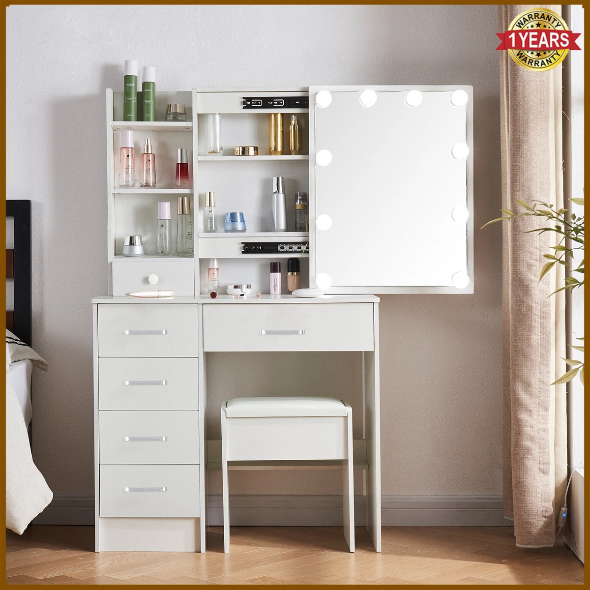 Dressing Table Mirror with 10LED Lights Stool Makeup Vanity Set