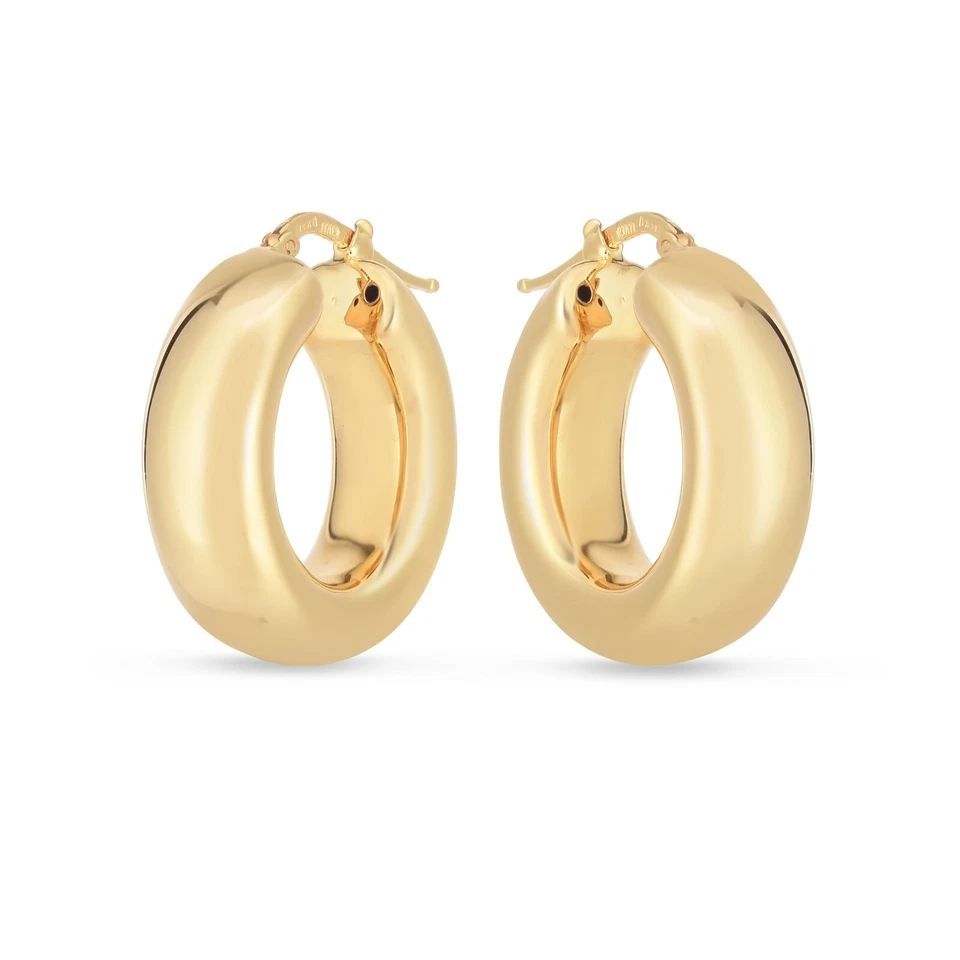 14k Yellow Gold Round Puffy Hoops with Snap Clasp 5mm x 25mm (1") 5 grams