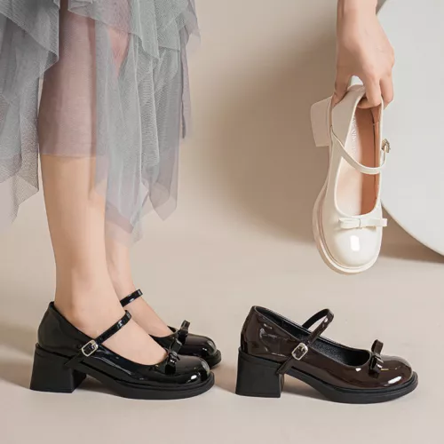 Womens Leather Bowtie Round Toe Buckle Strap Block Heel Fashion Mary Jane Shoes - Picture 3 of 30
