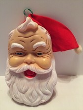Vintage Santa Claus w/ Plastic Rubber Face Fabric Hat Wall Hanging - Japan
