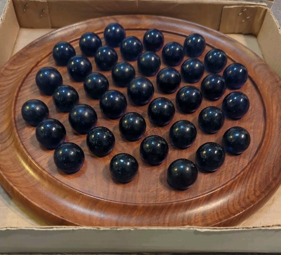 Handmade Wooden Marble Solitaire Board w/ Vtg 37 Glass Marbles Solid Purple - Image 2 of 4