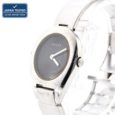 GUCCI 6700L Quartz Women's Silver Bangle Watch Black Dial Stainless Steel 26mm