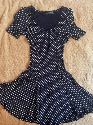 Plein Futur Damen Kleid M kurz A-Linie Kurzarm Herzmuster Blau/Weiß Rundhals