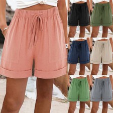 Women's Casual Beach Shorts Drawstring Elastic High Waist Wide Leg Short Pants w