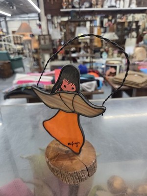 STAINED GLASS GIRL SKIPPING ROPE SCULPTURE ON WOOD BLOCK BY DEGRAZIA