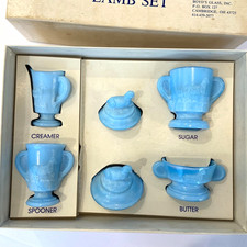 Vintage Children's Lamb Set ALICE BLUE Boyd's Slag Glass Miniature Tea Set BOXED