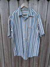 Vintage 90s Guess Striped Cotton Canvas Shirt White Blue Tan Large Made in USA