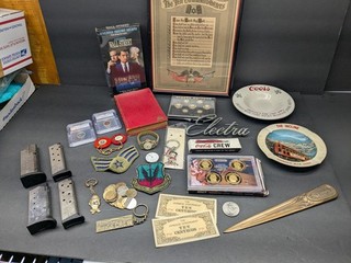 Junk Drawer Lot Coins Coca Cola Smith& Wesson Gun Magazine Coors Electra