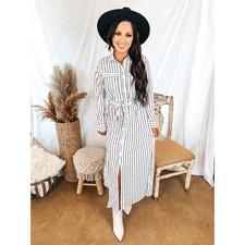 Savannah Jane Maxi Shirt Dress Black White Stripe Button Front Long Sleeve Sz S