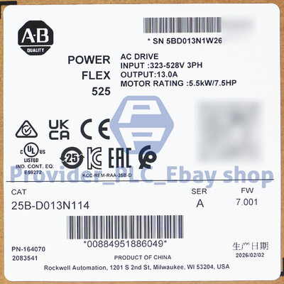 New Factory Sealed AB 25B-D013N114 SER A PowerFlex 525 5.5kW 7.5Hp AC Drive